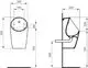 Weißes Urinal, senkrecht montiert, mit klaren Linien. Konstruktion zeigt Sanitäranschluss und Maße in Diagrammform. Ideal Standard Design.